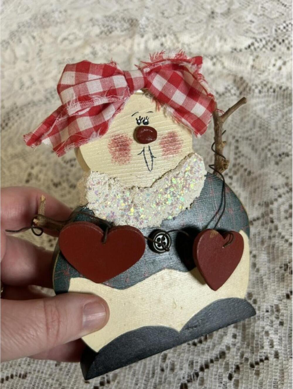 Handmade Wooden Snowman Decoration with Red Gingham Bow and Heart Accents